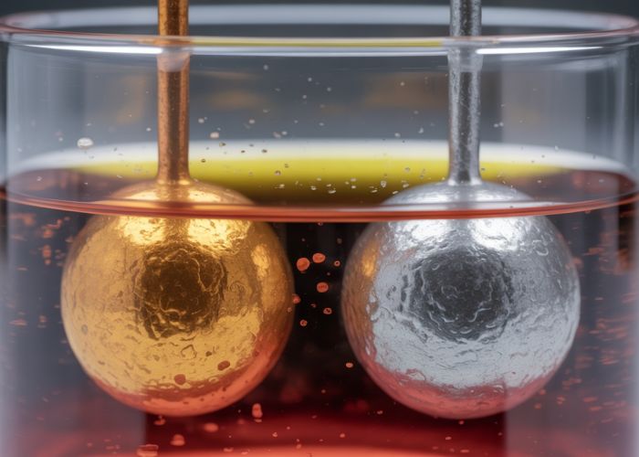 Zinc and iron electrodes immersed in electrolyte solution, illustrating an electrochemical reaction.