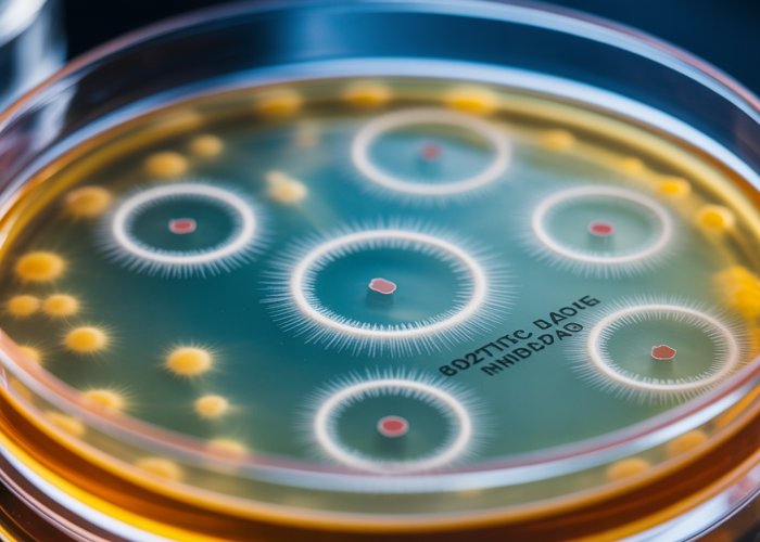Petri dish demonstrating antibiotic resistance; clear zones of inhibition around antibiotic discs indicate susceptibility, while lack of zones shows resistance.