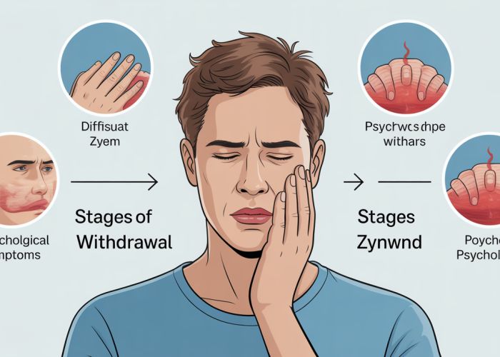 Illustration depicting the stages of Zyn withdrawal, showcasing symptoms like anxiety, headaches, and cravings.