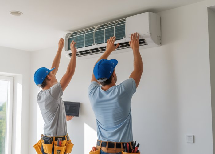 Aelle Builders team installing a new high-efficiency air conditioning unit in a modern home, emphasizing expertise and advanced technology.