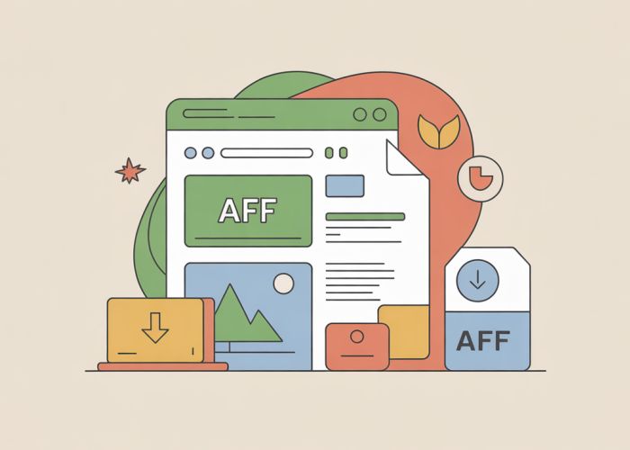 Text overlay on a laptop screen displaying 'Aff' with surrounding icons representing downloads and online security.