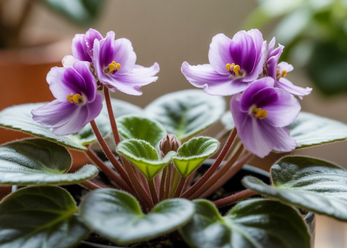 African Violet plant divided into two separate crowns, showing how it can split.