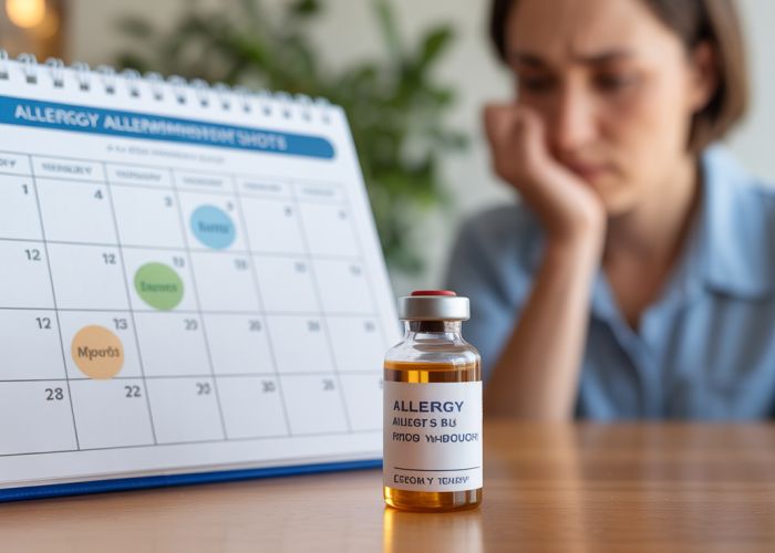 Allergy immunotherapy schedule: allergy serum vial next to a calendar marking appointment dates for allergy shots.