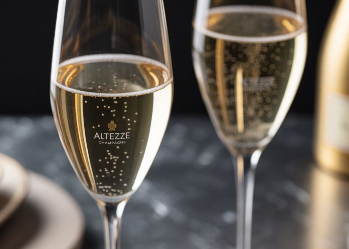 Two Altezze flute champagne glasses filled with sparkling wine, showcasing their elegant design.