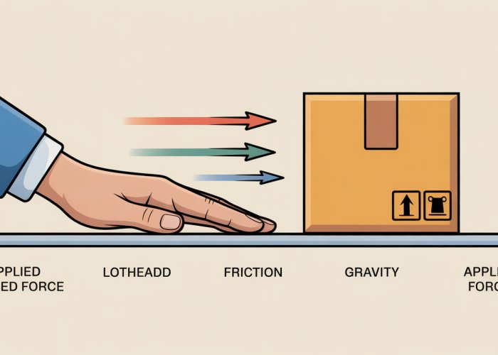 Illustration showing a hand pushing a box, demonstrating applied force, friction, and gravity.