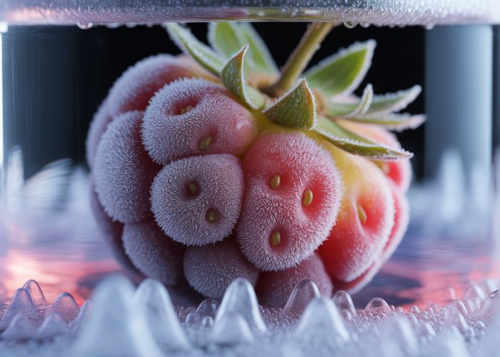 Frost forming on a strawberry submerged in liquid argon.