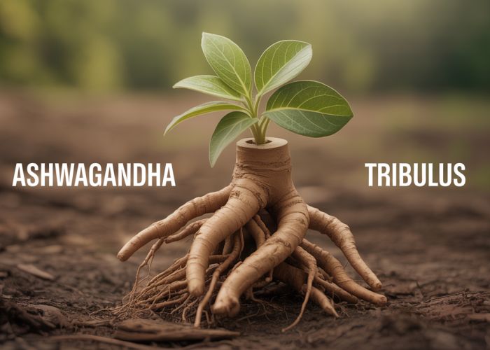 Ashwagandha and Tribulus roots intertwined, symbolizing potential potentiation and synergistic effects of combining the two herbs.