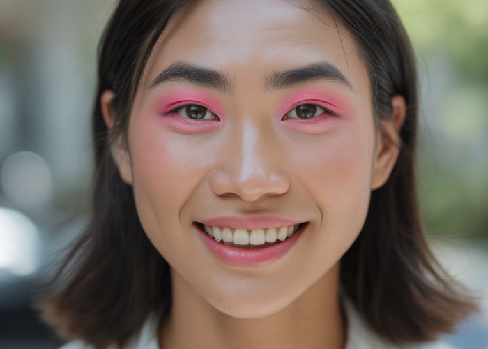 Person with East Asian features wearing makeup to highlight round, open eyes, challenging stereotypes.
