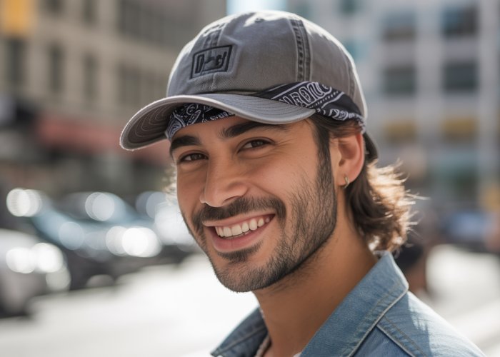 Person wearing a baseball cap and a bandana tied under the brim, forehead style.