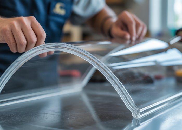 Hands bending large acrylic sheet over a 50cm radius mold, demonstrating a technique for smooth and even curves.