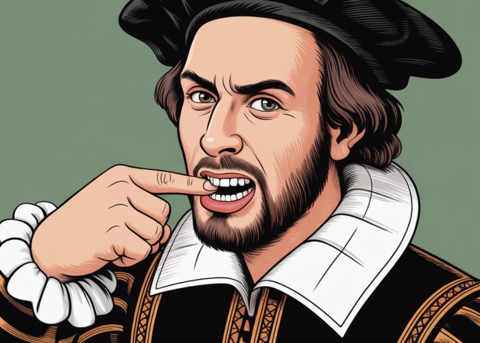 Historical illustration of a man biting his thumb as a sign of disrespect, reminiscent of a scene from Romeo and Juliet.
