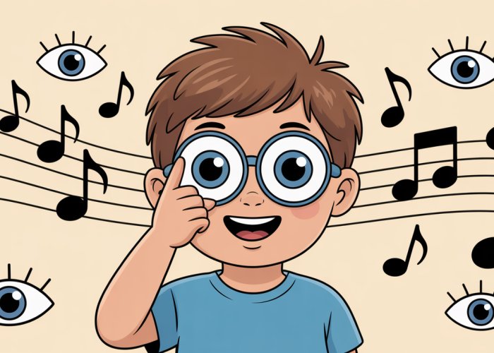 Illustration of a happy child counting blinks while singing along to a song about blinking, surrounded by colorful cartoon eyes and musical notes.