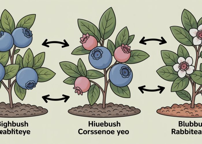 Diagram illustrating blueberry cross-pollination compatibility between different varieties, showing highbush and rabbiteye blueberries.
