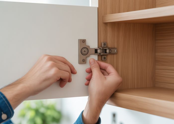 Close-up of a hand adjusting a Blum overhead hinge on a kitchen cabinet, showing the adjustment screws.
