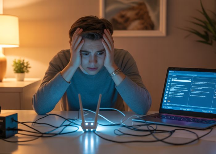 Frustrated person struggling to set up a BMLOYG WiFi repeater with tangled wires and setup instructions on a laptop.