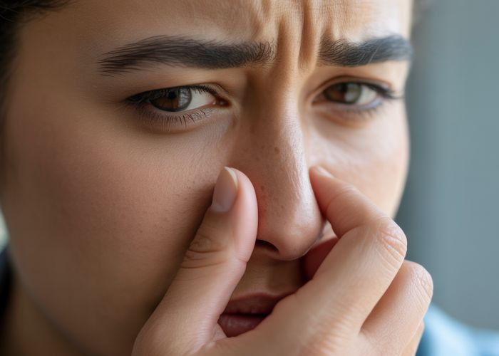 Woman holding her nose, illustrating discomfort from burning sensation inside nasal passage.