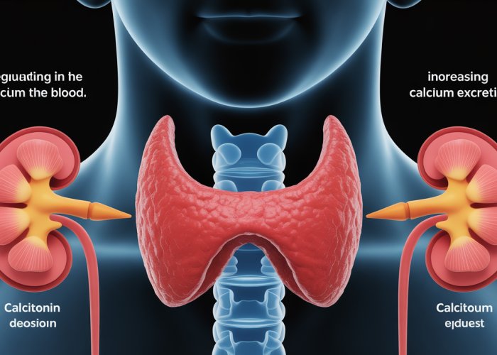 Illustration showing calcitonin's role in calcium homeostasis: Calcitonin released from the thyroid lowers blood calcium by stimulating bone deposition and increasing kidney excretion.