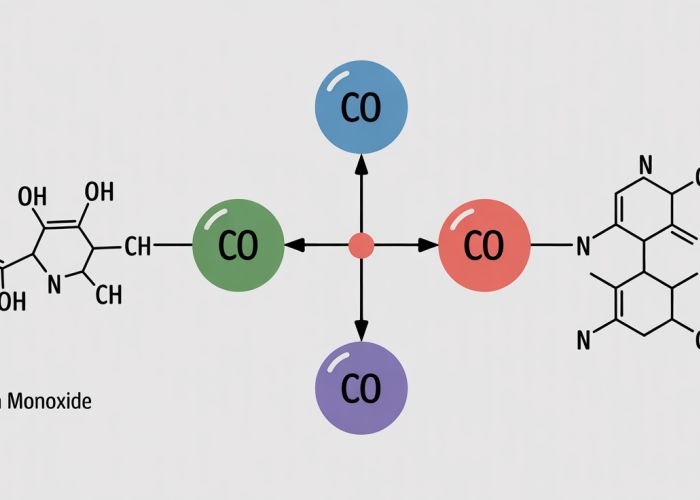 Diagram showing the dipole moment of carbon monoxide (CO), indicating partial negative charge on carbon and partial positive charge on oxygen with an arrow representing the dipole moment vector.