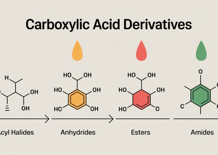 Infographic showing the reactivity order of carboxylic acid derivatives: Acyl Halides > Anhydrides > Esters > Amides. Explains the factors affecting reactivity such as leaving group ability and resonance stabilization.