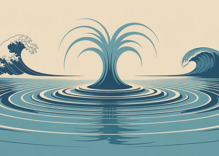 Different types of disturbances creating waves: a rock dropping into water, wind on the ocean, and an earthquake-caused tsunami.