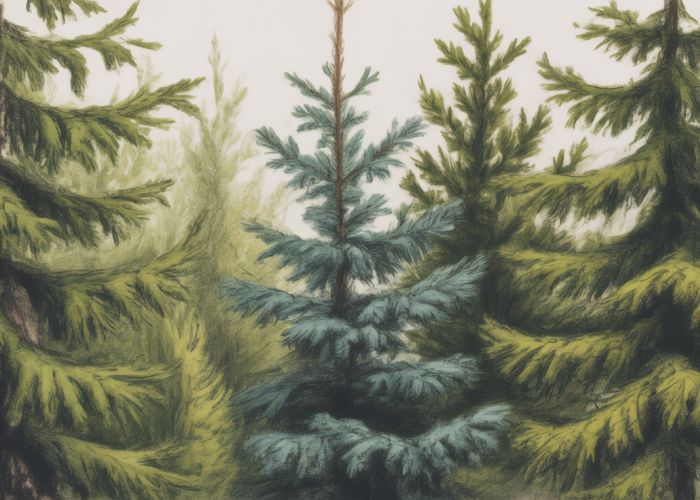 Detailed charcoal drawing of evergreen trees in a peaceful forest scene.