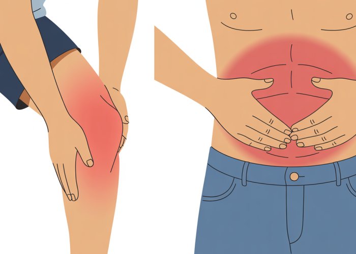 Illustration comparing leg pain from a charley horse and abdominal bulging from a hernia.