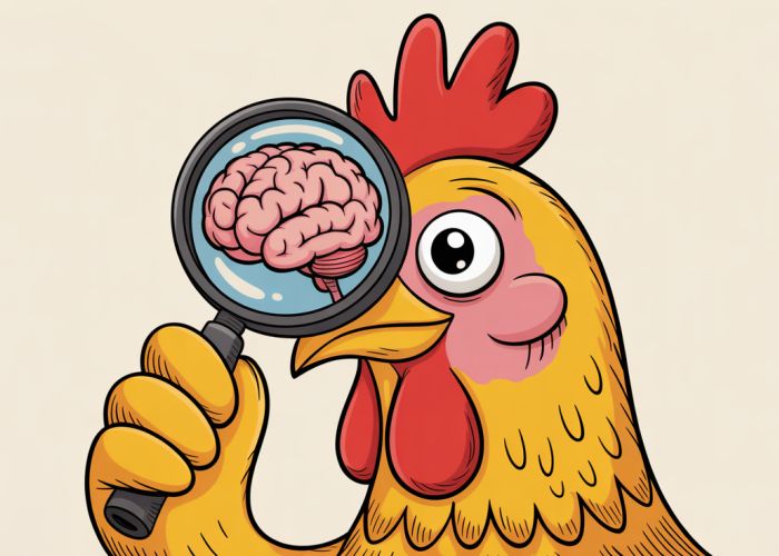 Cartoon chicken with a magnifying glass examining its small brain.