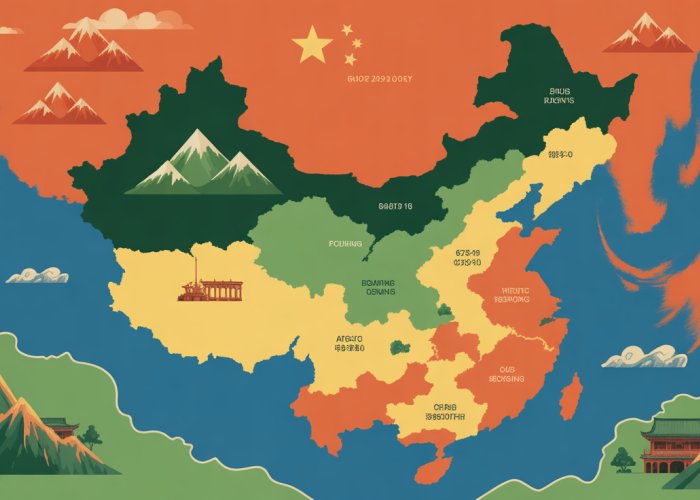 Diverse landscape of China: mountains, rivers, plains, and coastline. Illustrates how geography has influenced China's development.