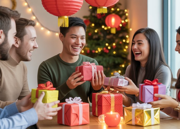Friends laughing and exchanging gifts at a fun Chinese gift exchange party.