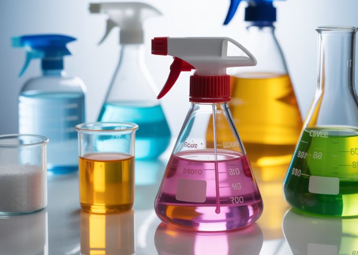 Close-up of essential cleaning product ingredients, including surfactants, solvents, and enzymes.