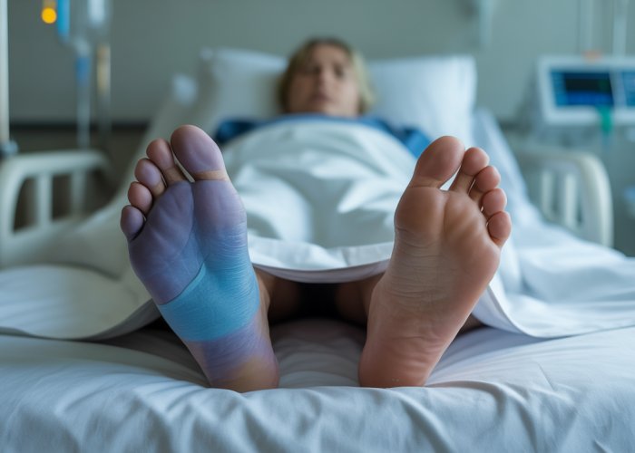 Patient's feet after surgery, one appears cold and discolored.