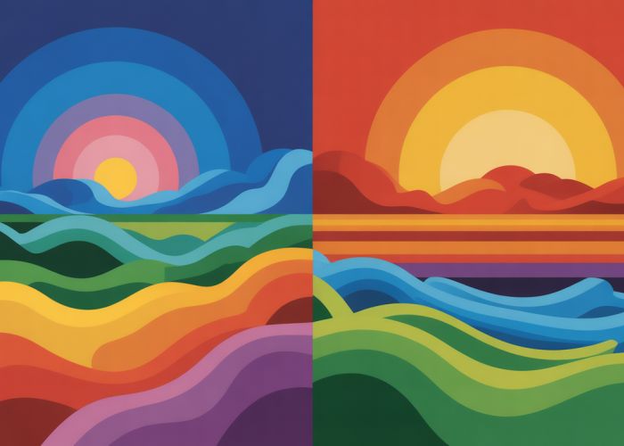 Image demonstrating complementary color harmony with a vibrant orange sunset reflected on a deep blue ocean.