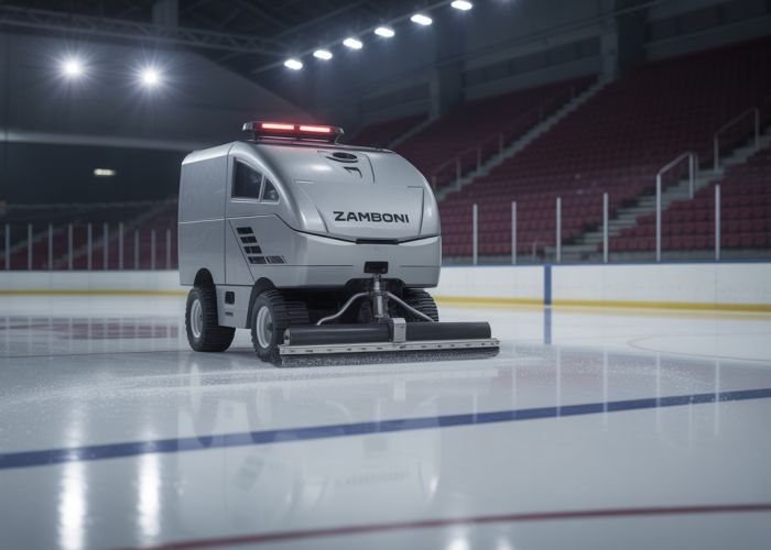 Zamboni ice resurfacer machine creating a smooth ice surface on a hockey rink.