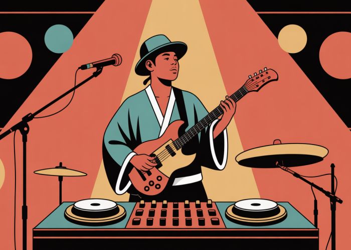 Musician on stage blending traditional Japanese clothing with modern DJ equipment, raising questions about cultural appropriation in music.