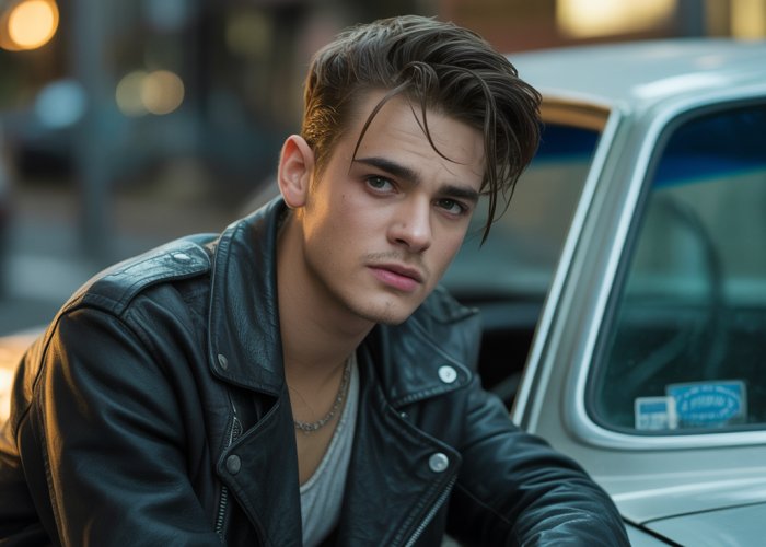 Dally from The Outsiders, a young man with a hardened exterior, leaning against a car.
