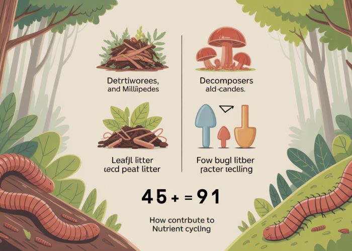 Illustration showing detritivores (earthworms, millipedes) and decomposers (fungi, bacteria) breaking down leaf litter in a forest.