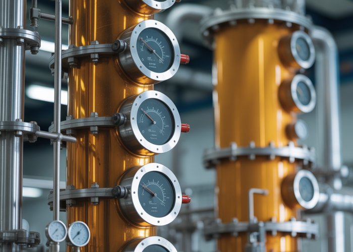 Distillation column with condenser at the top, used for separating liquids in an industrial process.