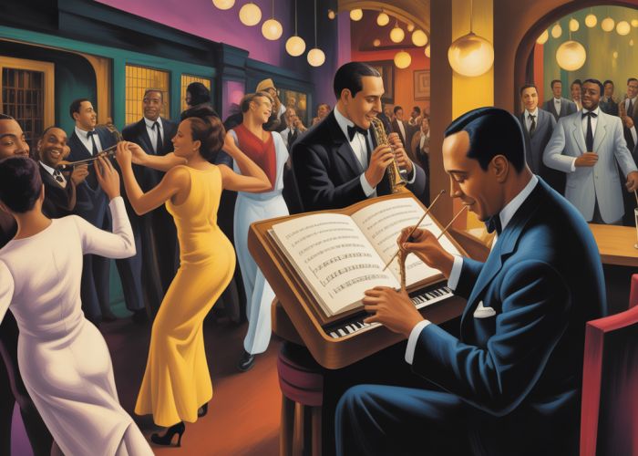 Digital painting of Duke Ellington composing music in a lively Harlem Renaissance speakeasy.