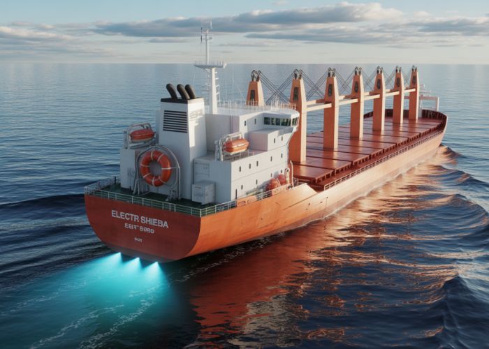 Illustration of potential risks associated with electric ships: battery fire, electrical hazard, system malfunction.