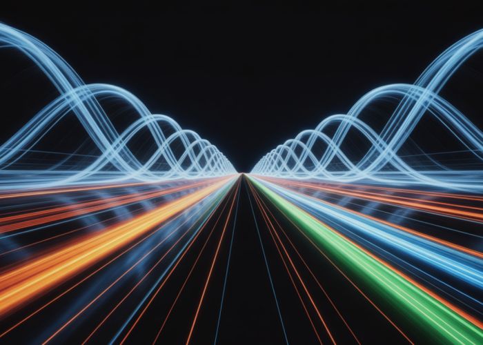 Electromagnetic waves moving at the speed of light, illustrating their velocity.