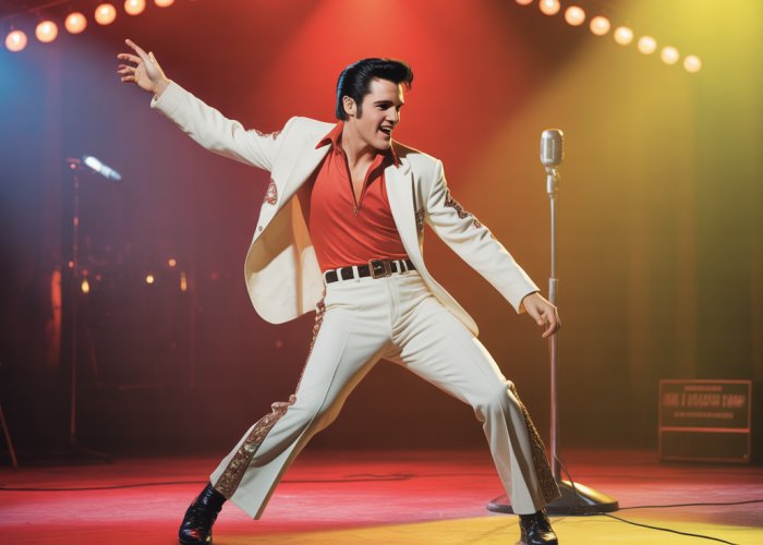 Elvis Presley performing his signature dance moves on stage, showcasing his iconic hip swivels and energetic stage presence.