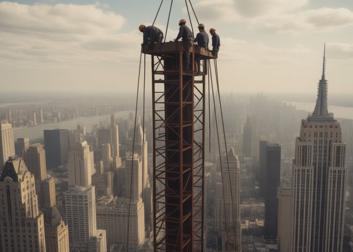 Historical photo of ironworkers building the Empire State Building, showing the extreme heights and lack of safety equipment.