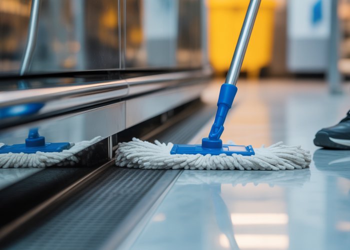 Mop cleaning hard-to-reach corner in a commercial space, demonstrating enhanced sanitation.