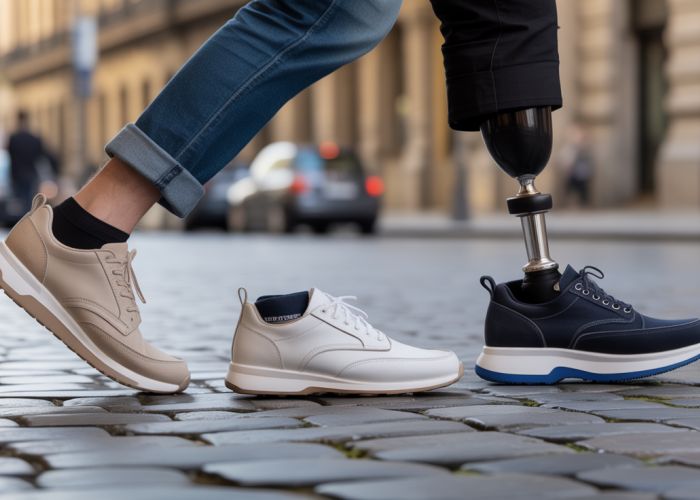 Person with prosthetic leg walking on cobblestones, showcasing different shoe styles.