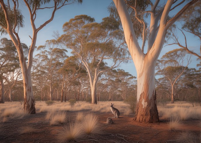 Eucalyptus trees in the Australian outback landscape.