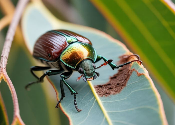 Eucalyptus beetle feeding on eucalyptus leaves, highlighting the threat to eucalyptus forests and its potential IUCN Red List status.
