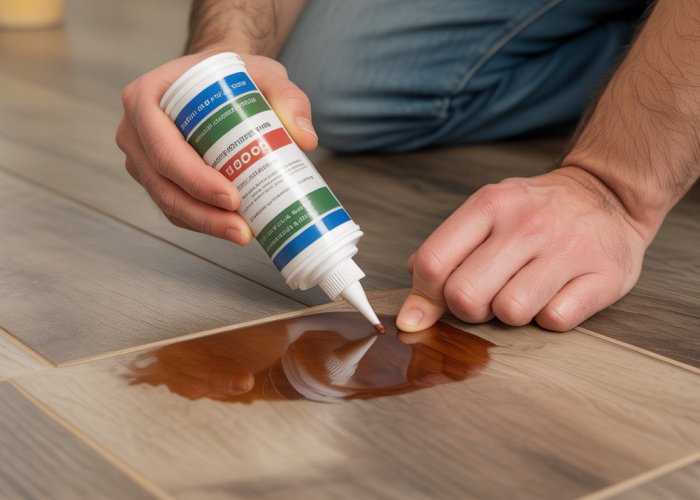 Repairing dog urine damage on a laminate or vinyl plank floor using wood filler.