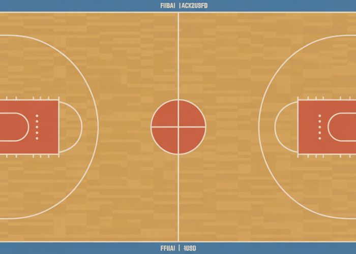 FIBA regulation basketball court dimensions diagram, showing key measurements in millimeters.