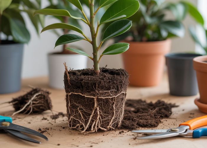 Dividing a Ficus Diben plant: showing healthy root systems and separated stems for propagation.
