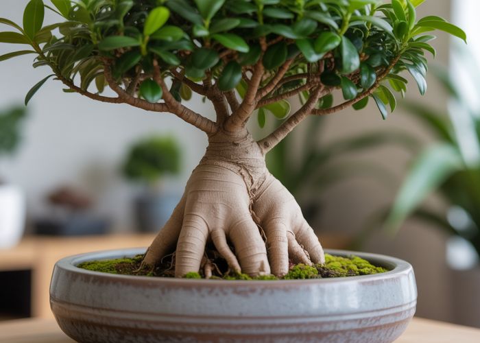 Ficus microcarpa 'Ginseng' bonsai tree with exposed roots in a ceramic pot.